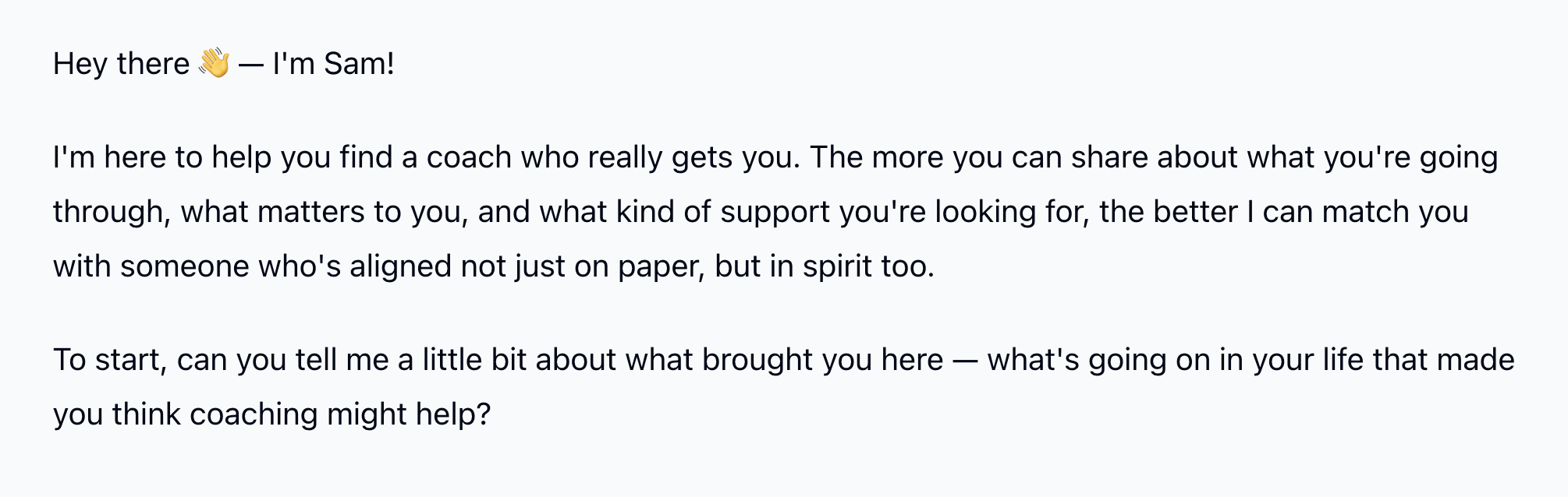 Tell Sam what you need — screen 1